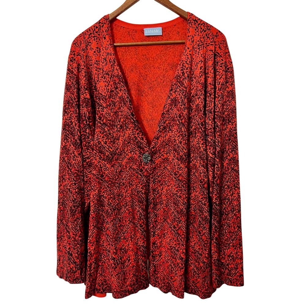 Liz & Me Women's Orange Black Abstract Print Long Sleeve Button Front Cardiga